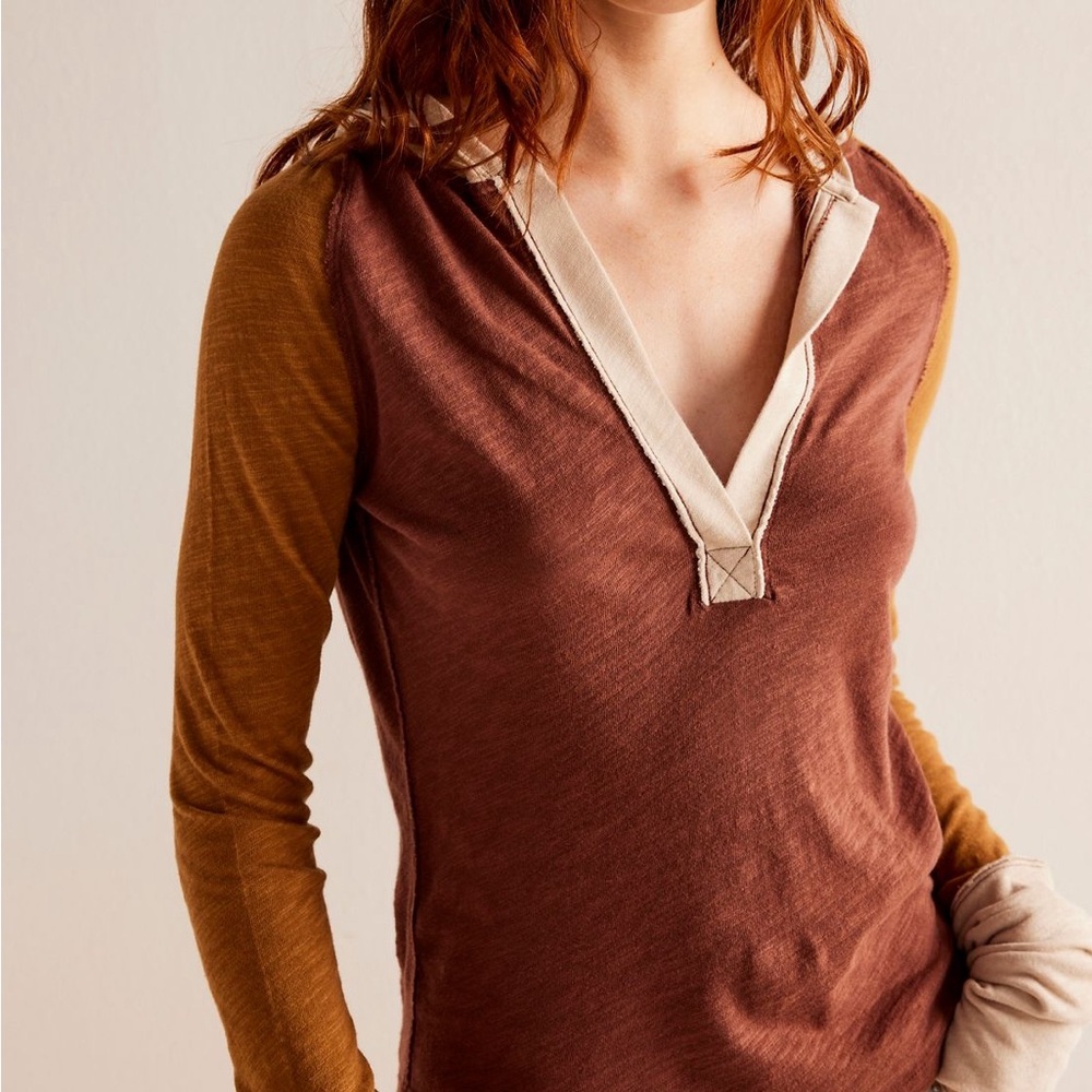 Free People Brown and Tan V-Neck Top